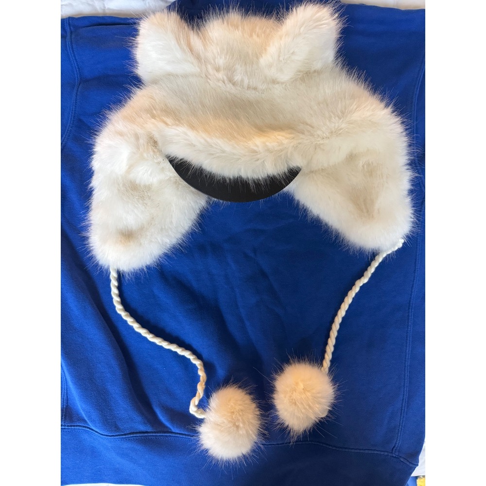 BCBGMAXAZRIA Faux Fur Trapper Hat White Animal Ears Pom Poms Aviator Cap